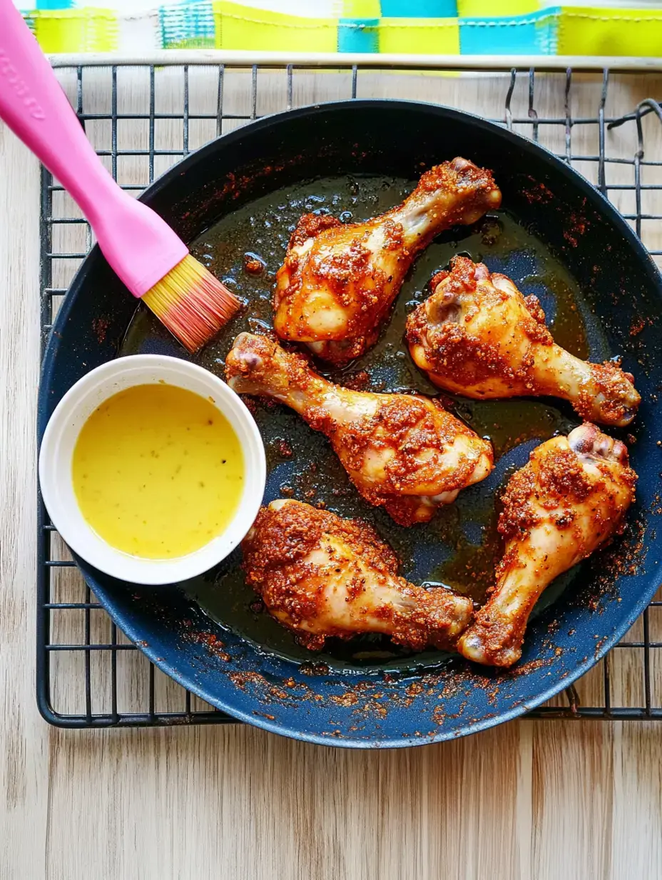 Ein Teller mit gewürzten Hähnchenschenkeln und einer kleinen Schüssel mit Sauce, daneben ein Pinsel.