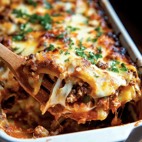 De"-licious lasagna in a white dish.