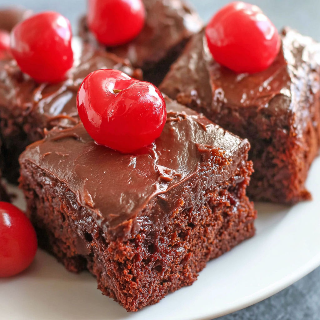 Chocolate cherry bars on a white plate.