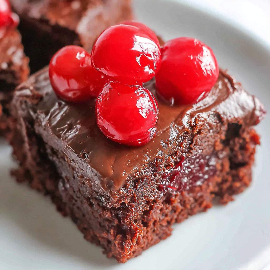A chocolate dessert with cherries on top.