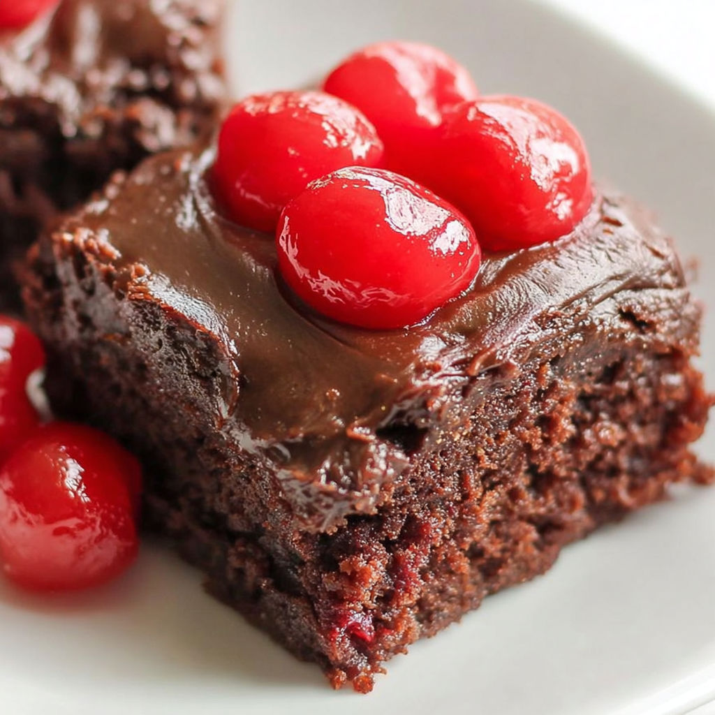 A chocolate dessert with cherries on top.