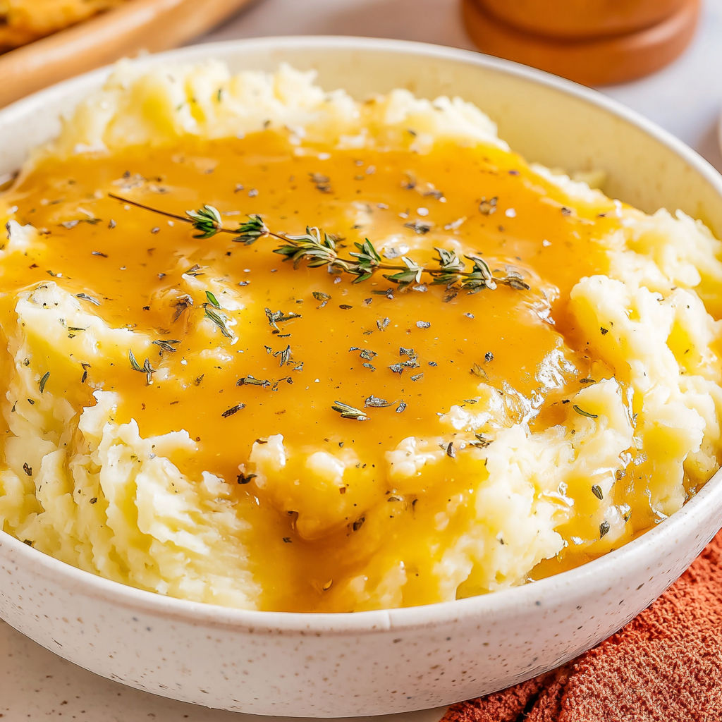 A bowl of mashed potatoes with gravy.