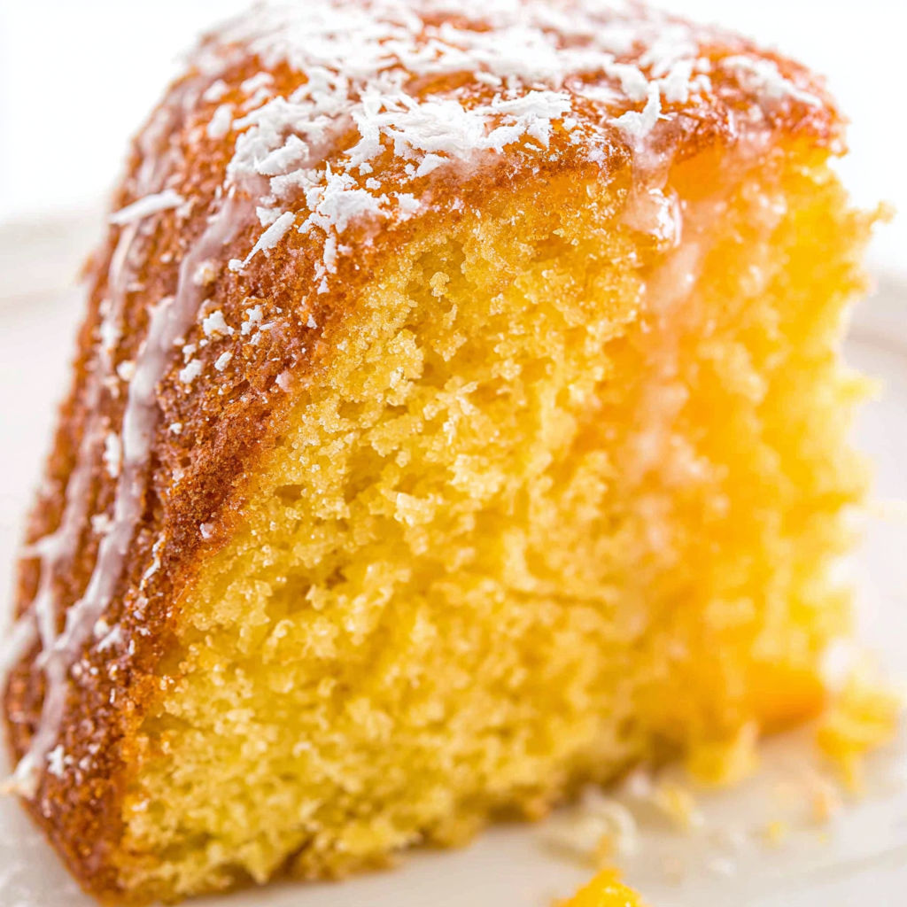 A slice of rum cake with powdered sugar on top.