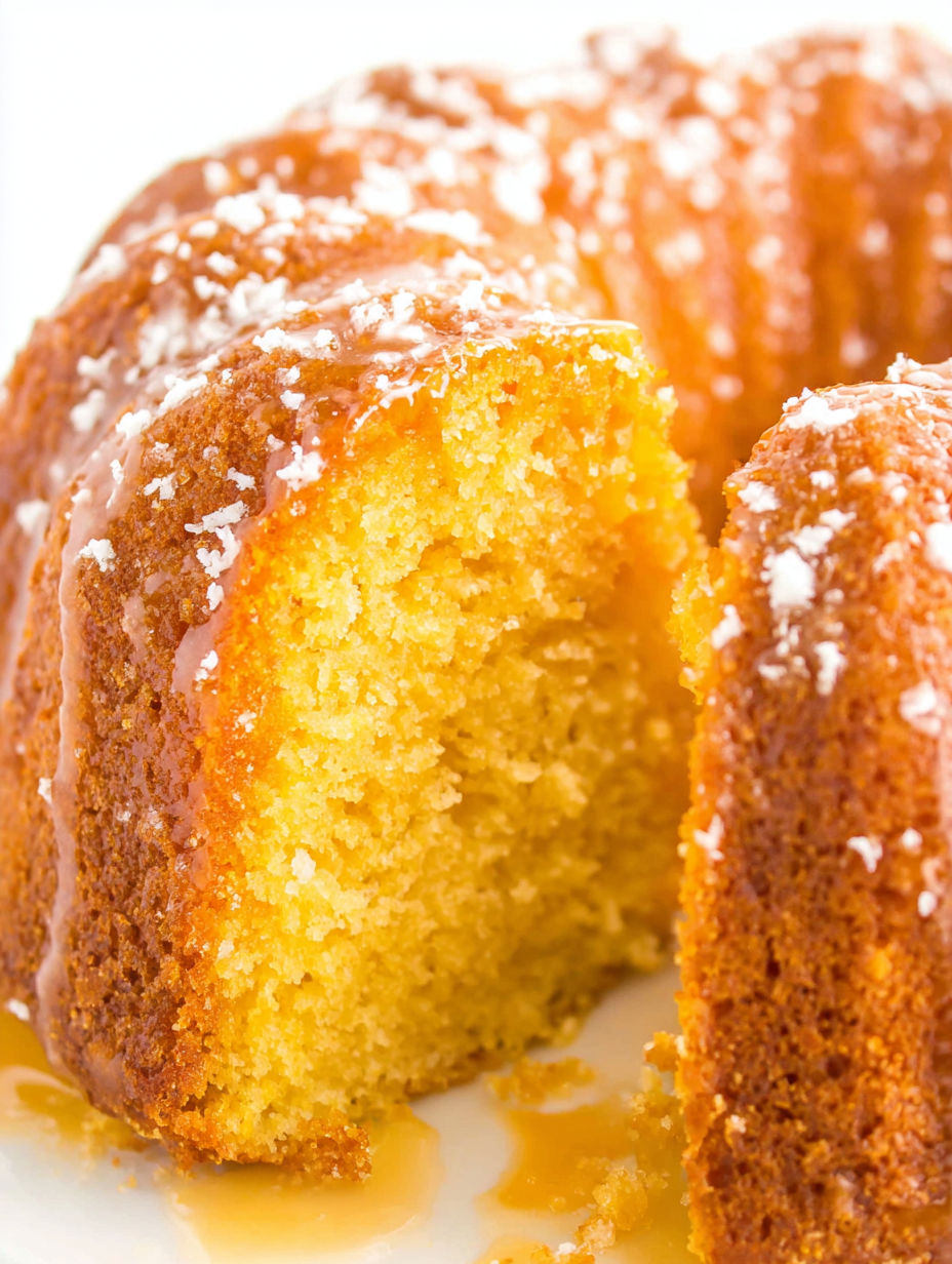 A slice of rum cake with powdered sugar on top.