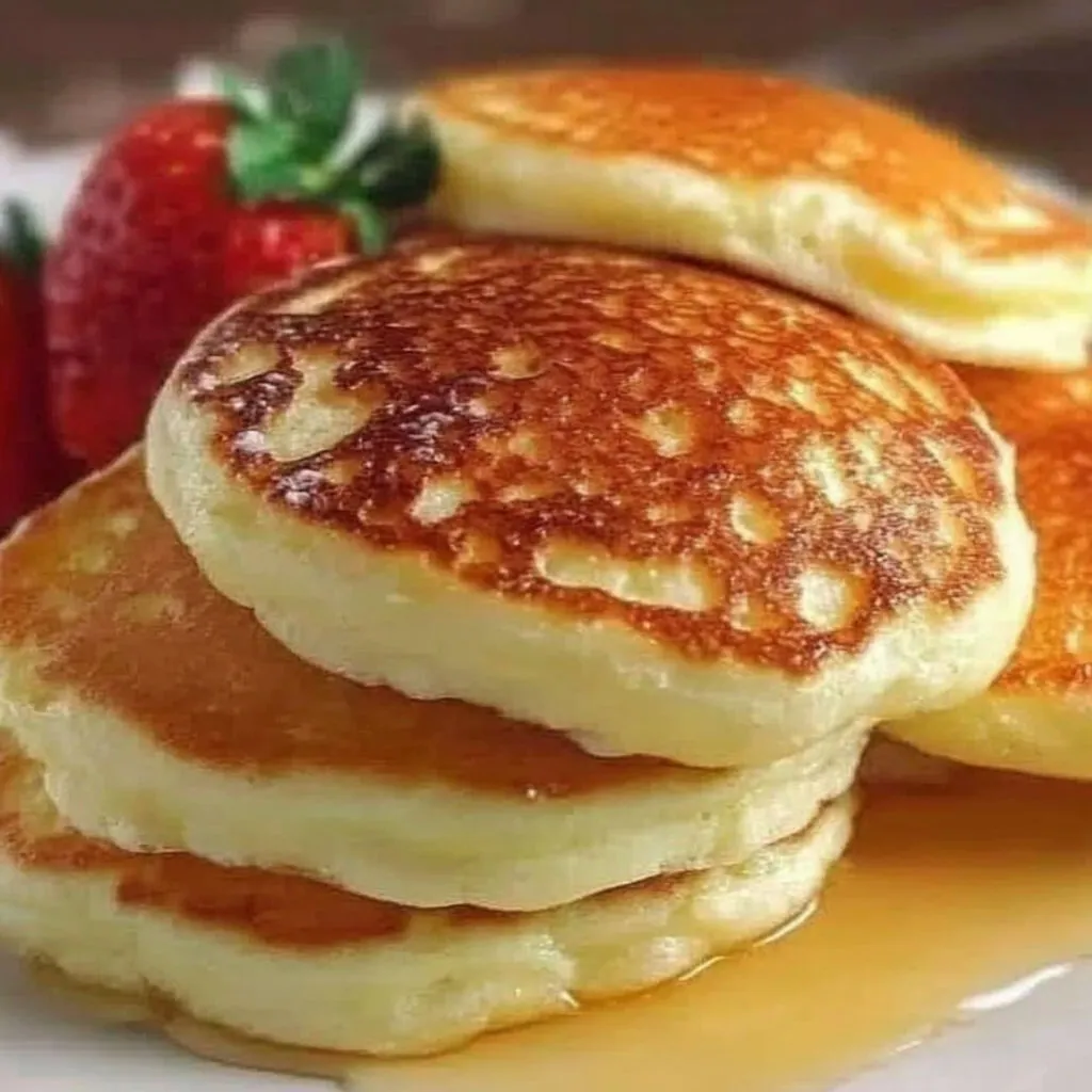 A stack of pancakes with syrup on a plate.