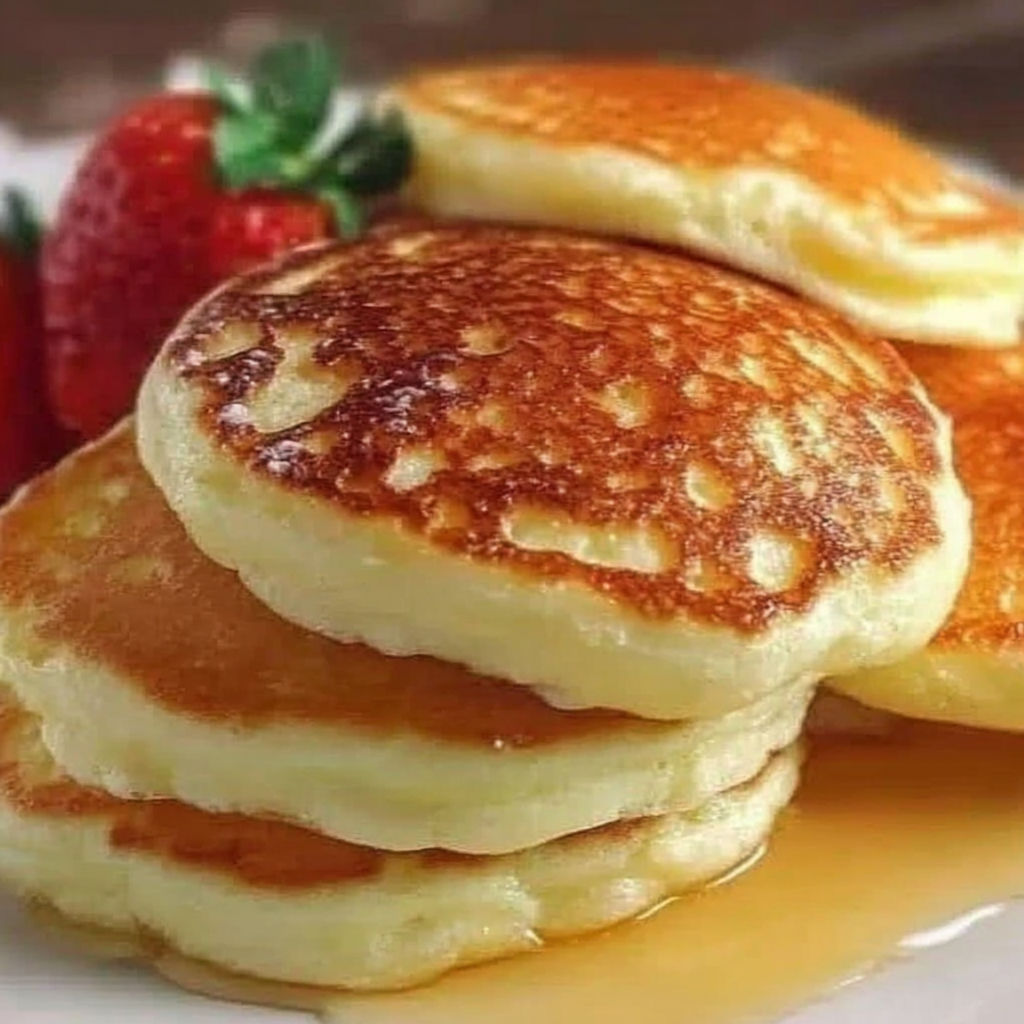 A stack of pancakes with syrup on a plate.
