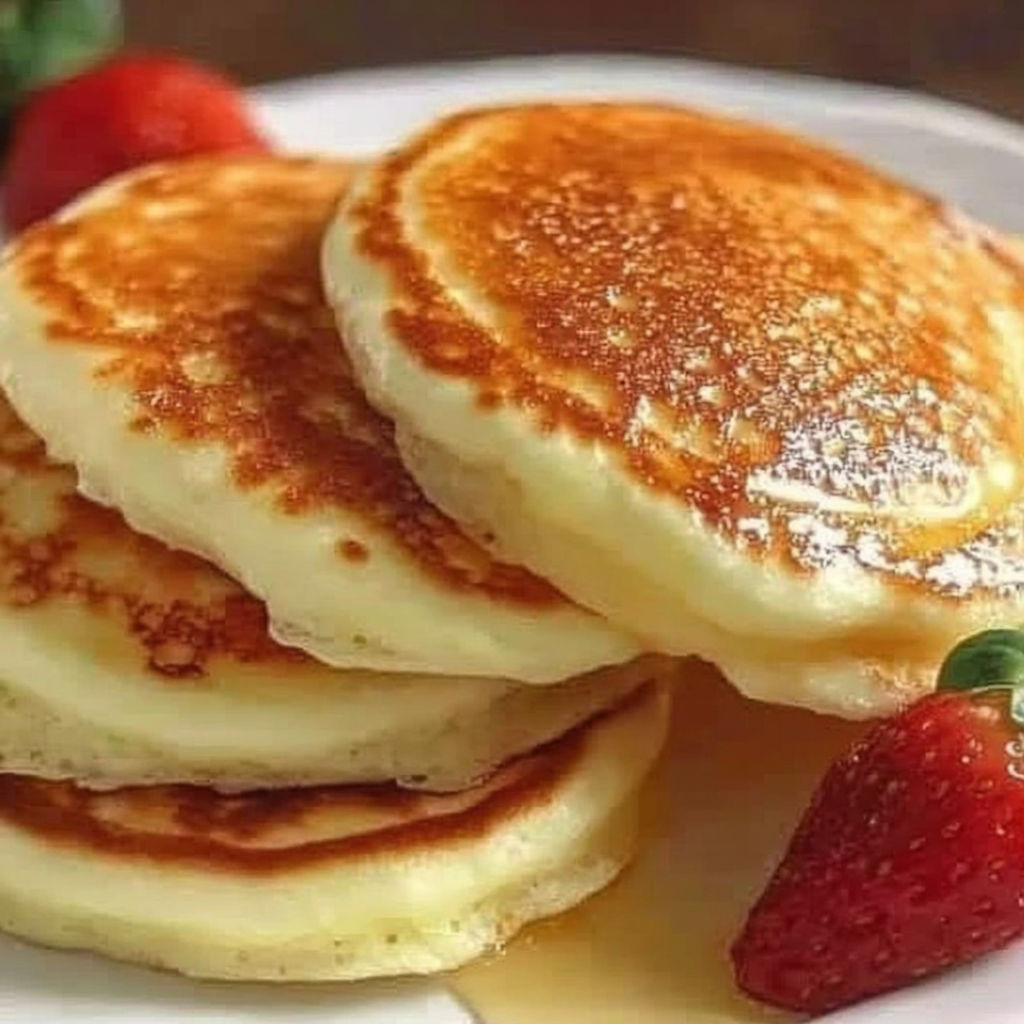 A stack of pancakes with strawberries on top.