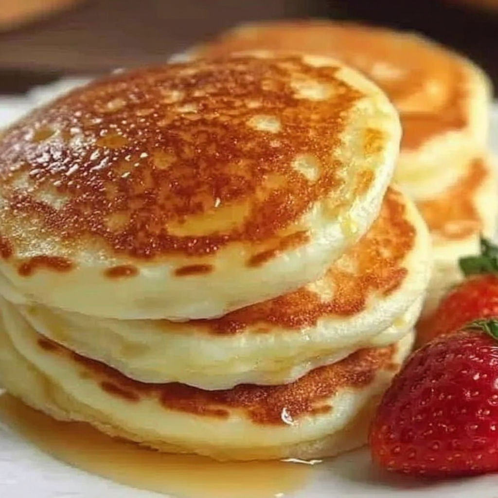 A stack of pancakes with syrup and strawberries.
