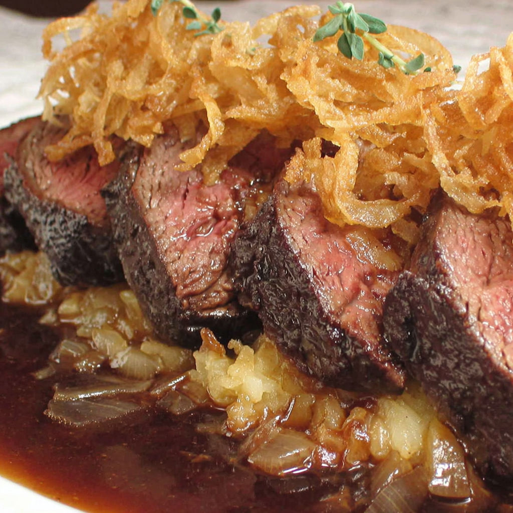 A plate of meat with onions on top.