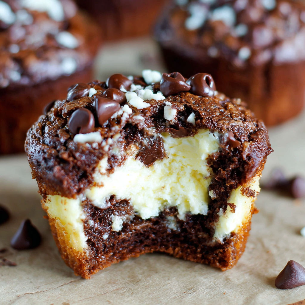 A close up of a chocolate chip muffin with white frosting.