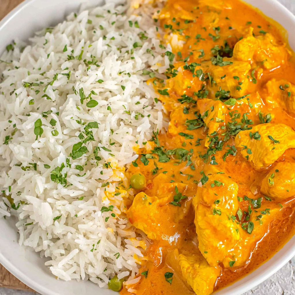 A bowl of rice and chicken.