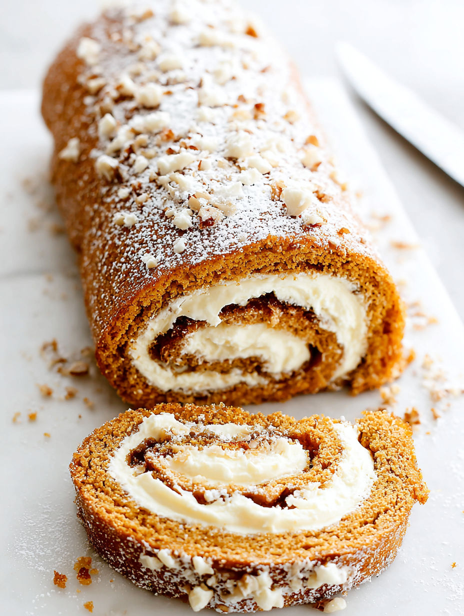 A roll of dough with white frosting and nuts on top.