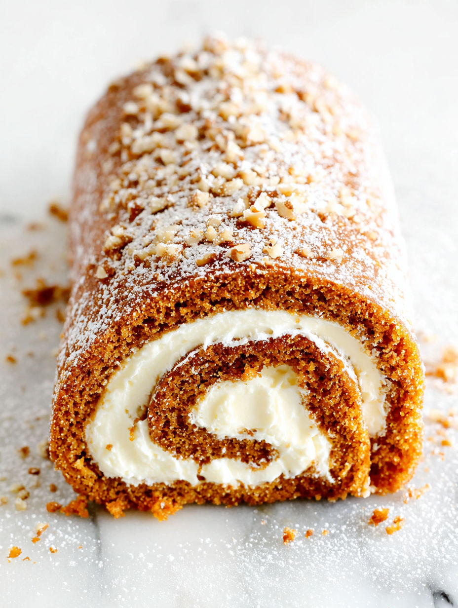 A roll of pumpkin bread with white frosting.
