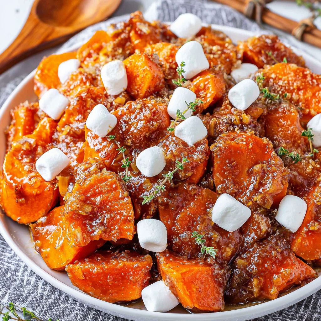 A bowl of candied yams with marshmallows on top.