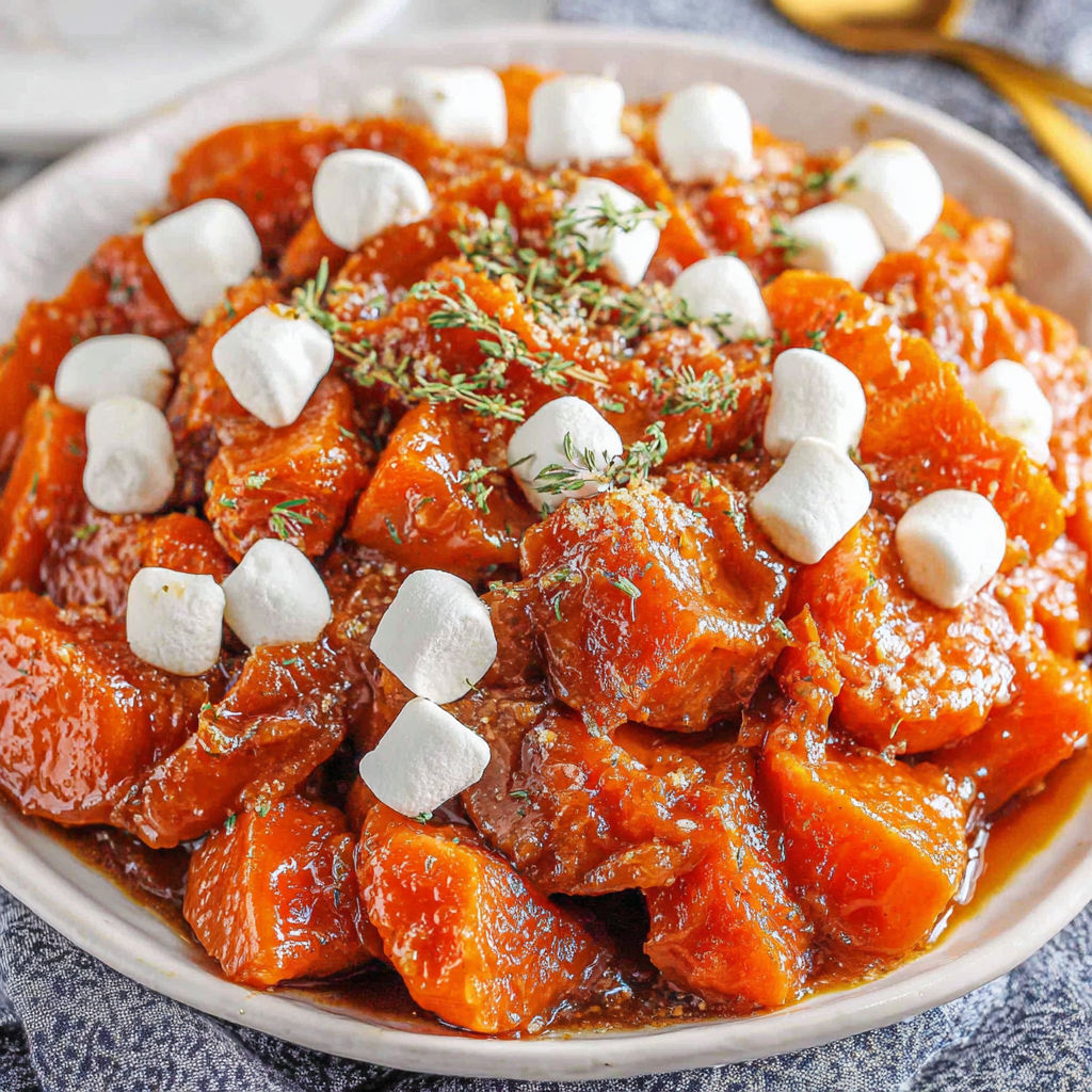 A bowl of candied yams with marshmallows on top.