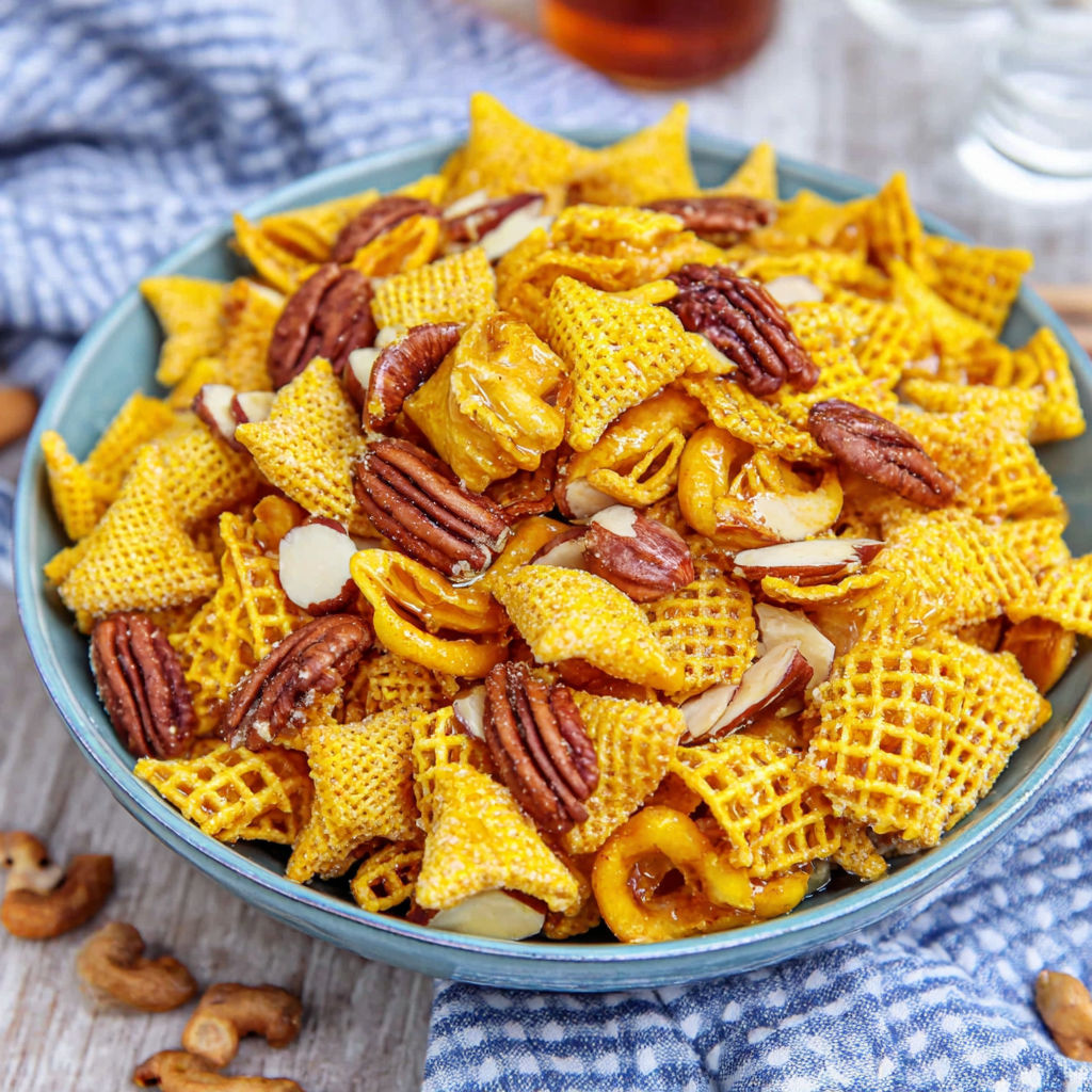 A bowl of cheese and nut covered crackers.
