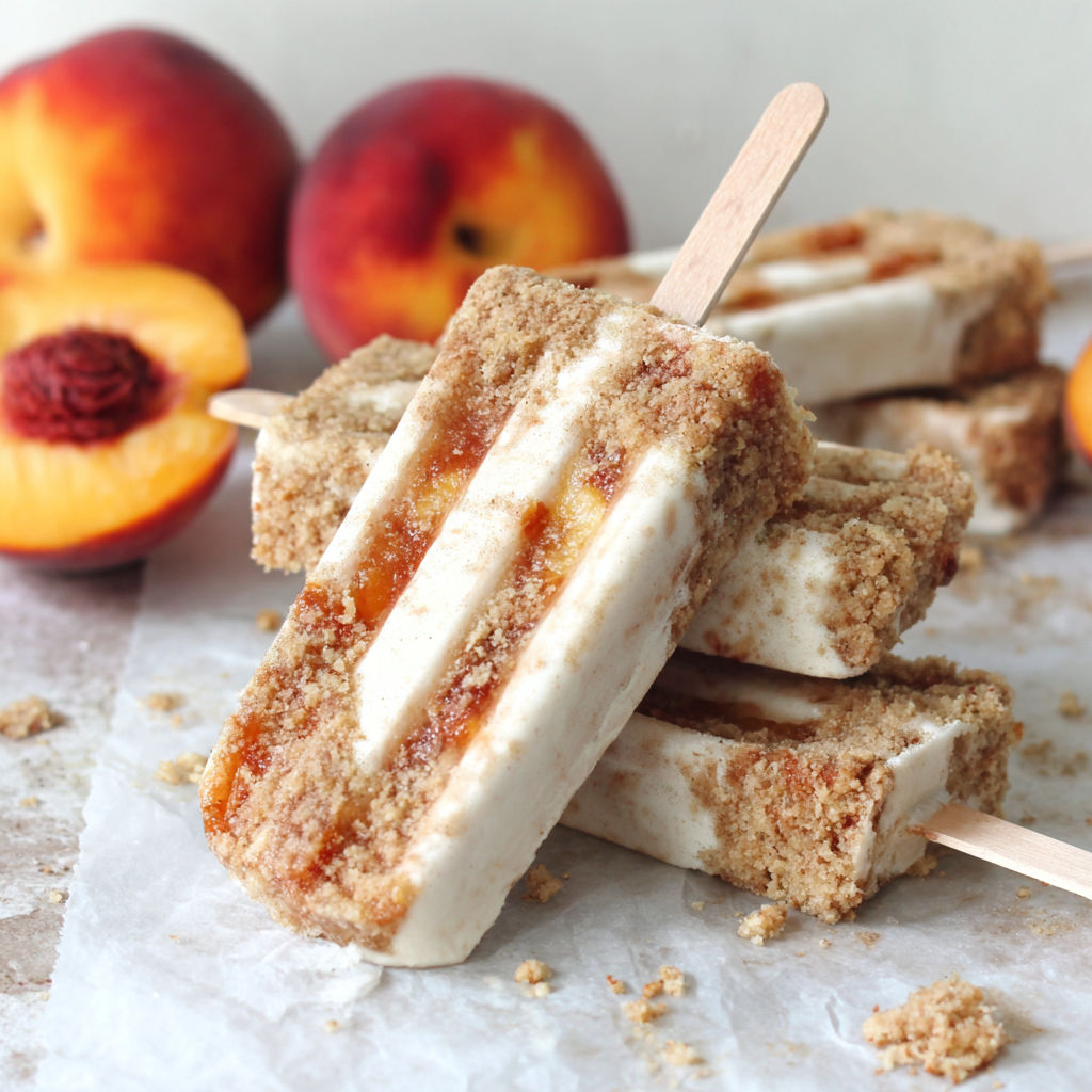 Peach streusel popsicles on a table.