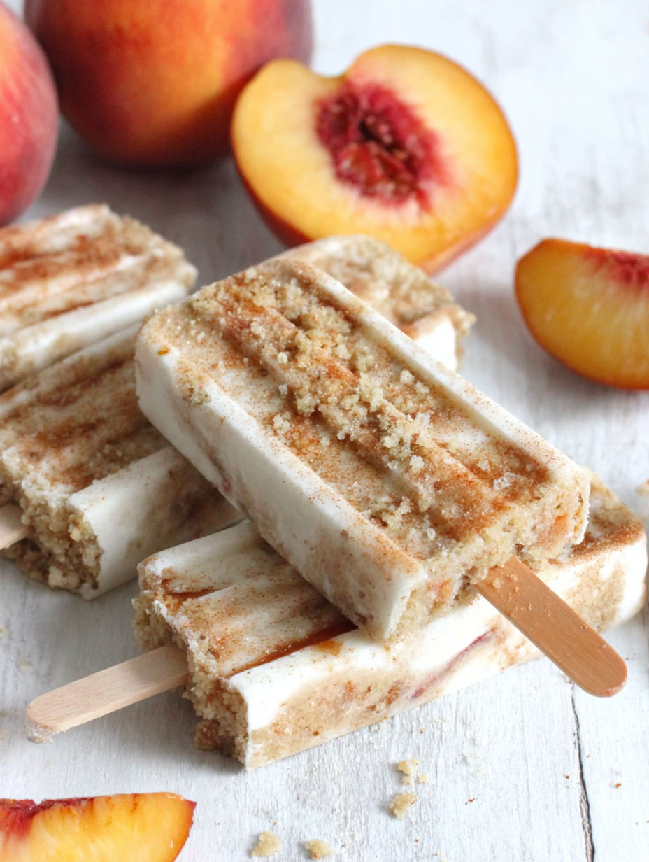Peach streusel popsicles on a white table.