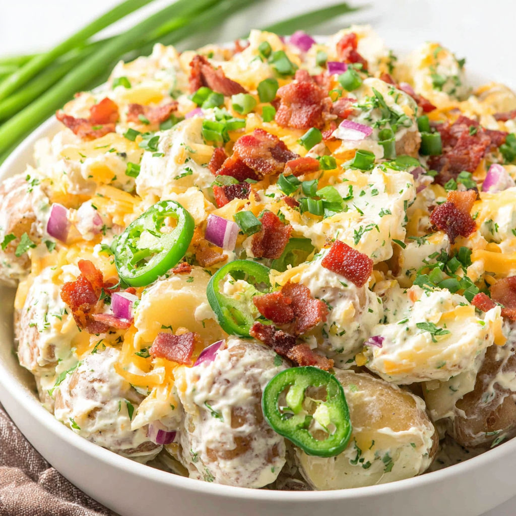 A bowl of jalapeno popper potato salad.