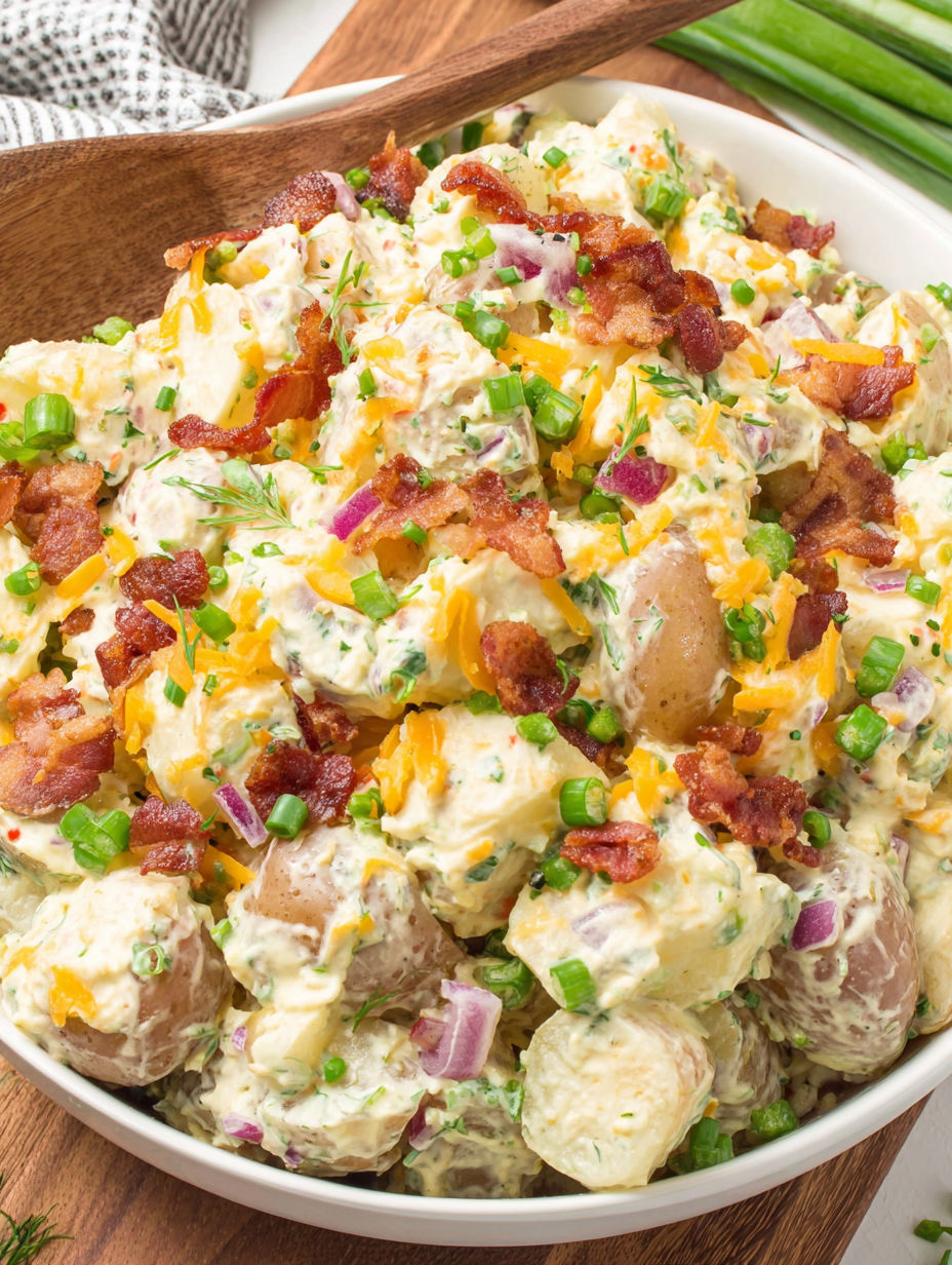 A bowl of jalapeno popper potato salad.