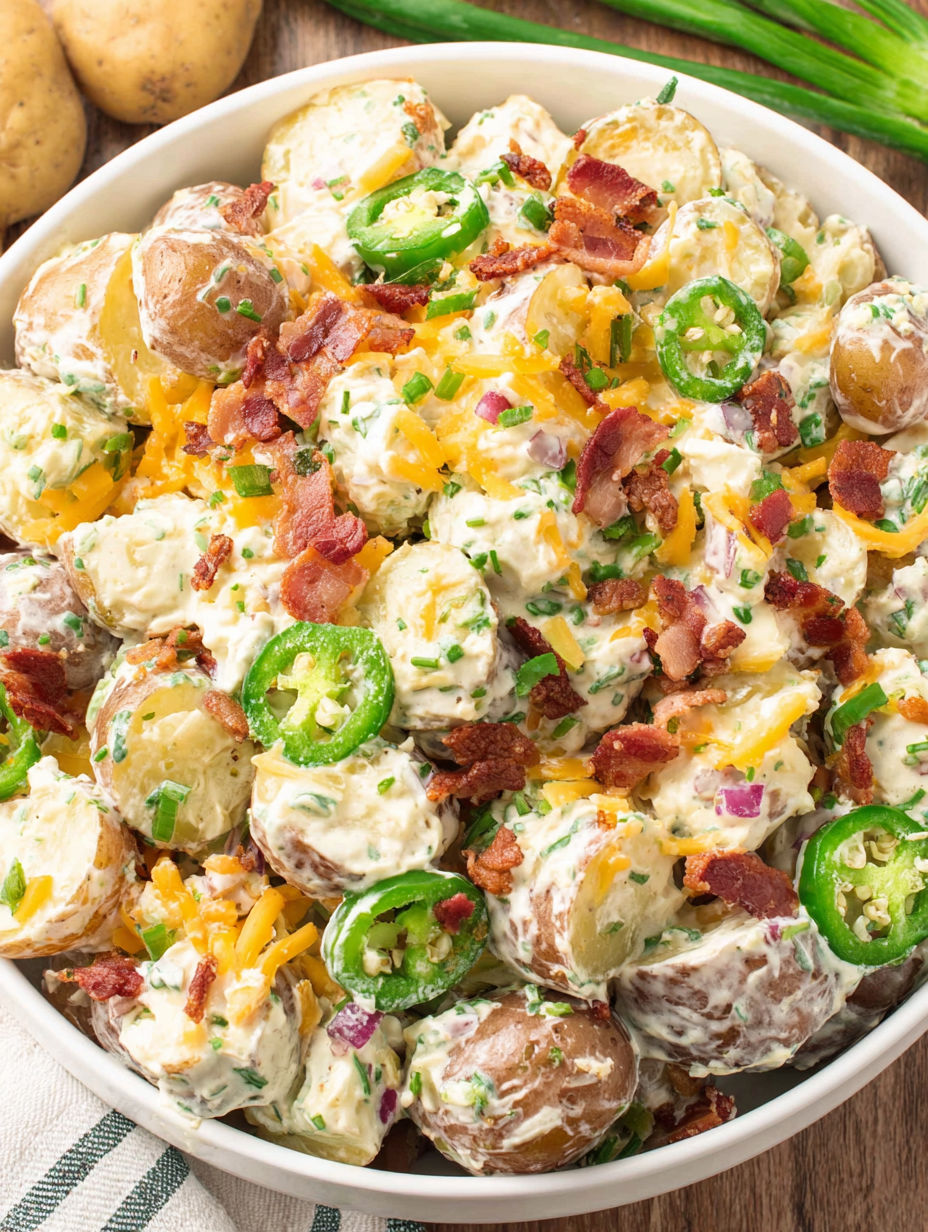 A bowl of jalapeno popper potato salad.
