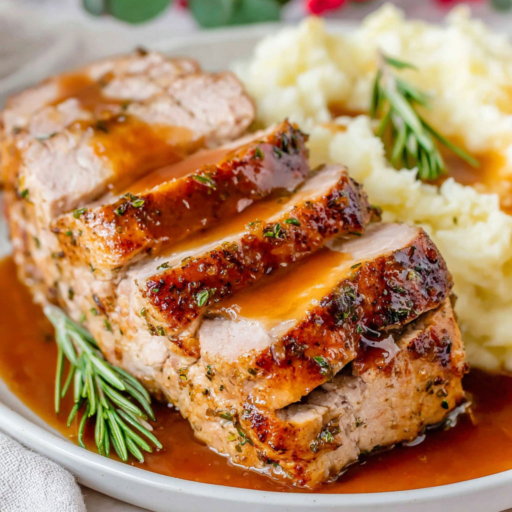 A delicious roast with gravy and potatoes.