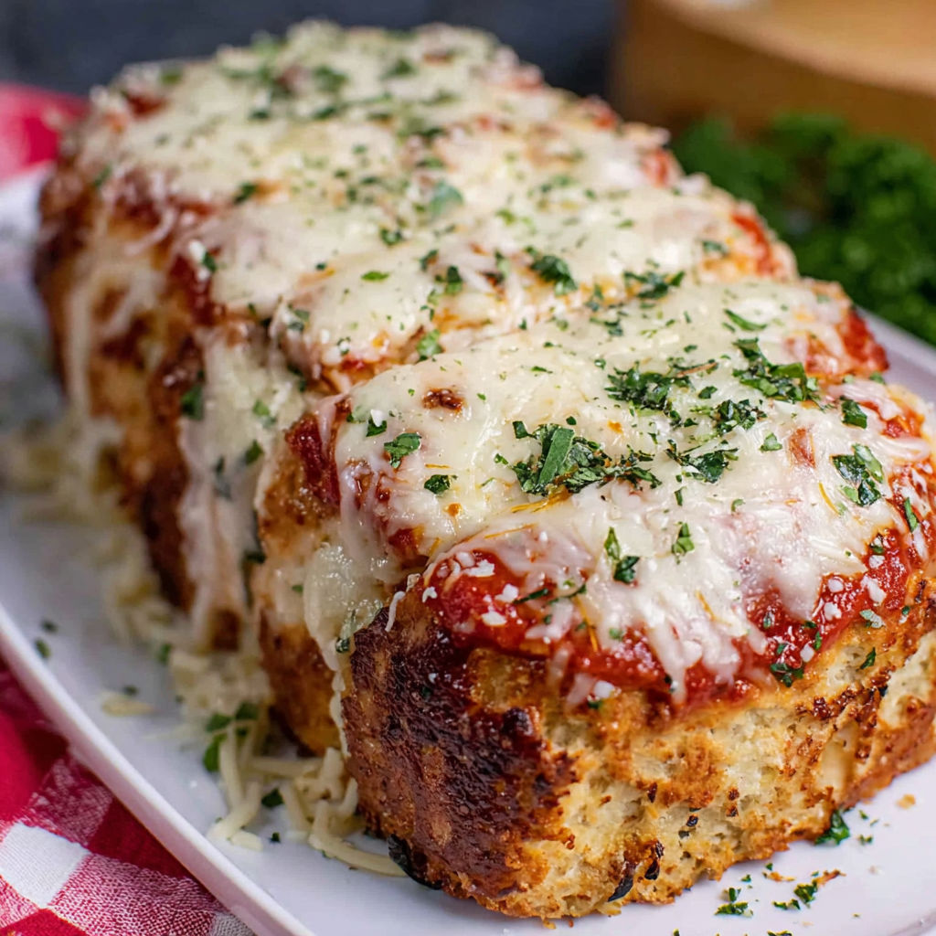A delicious savory chicken Parmesan meatloaf.