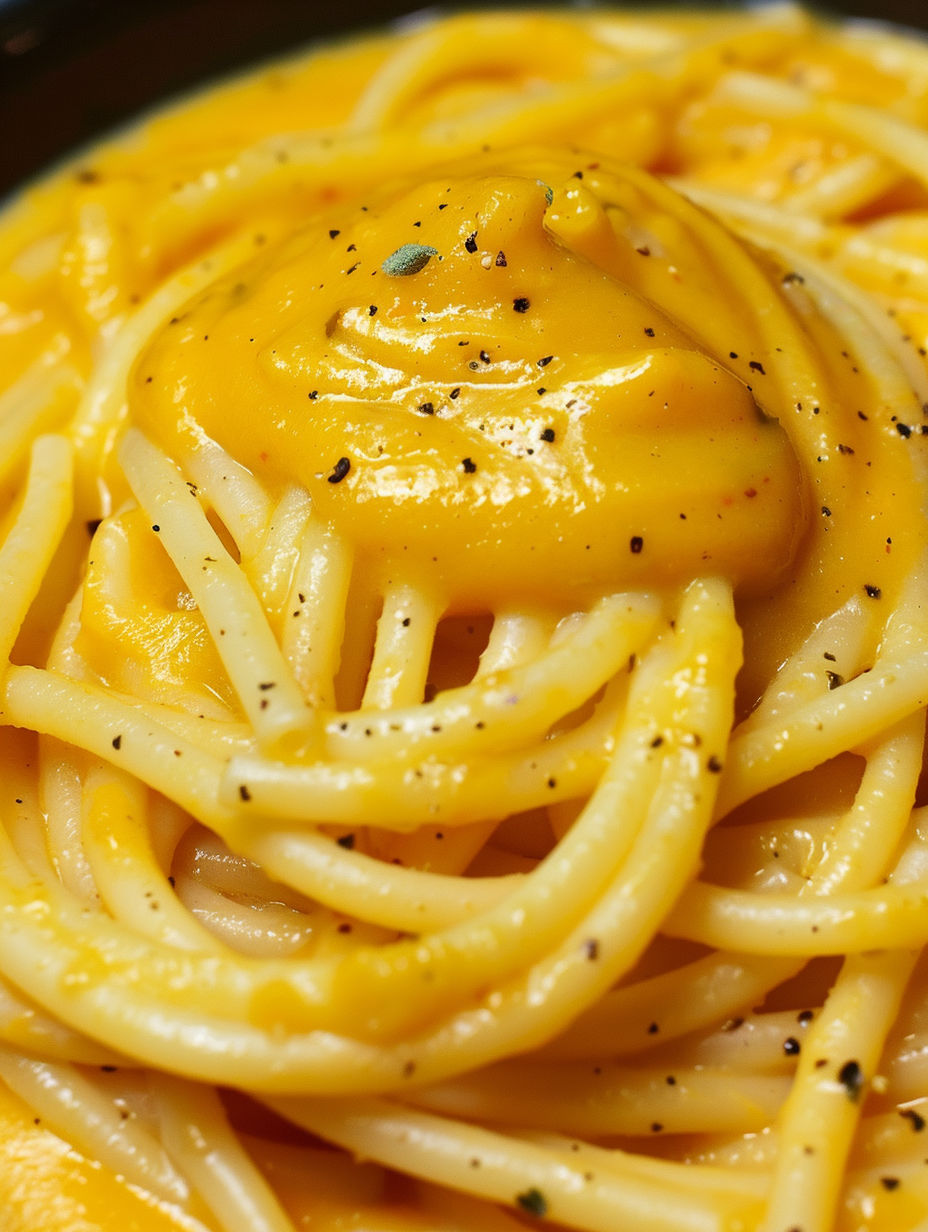 A close up of a bowl of pasta with a yellow sauce.