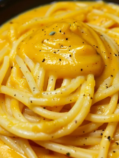 A close up of a bowl of pasta with a yellow sauce.