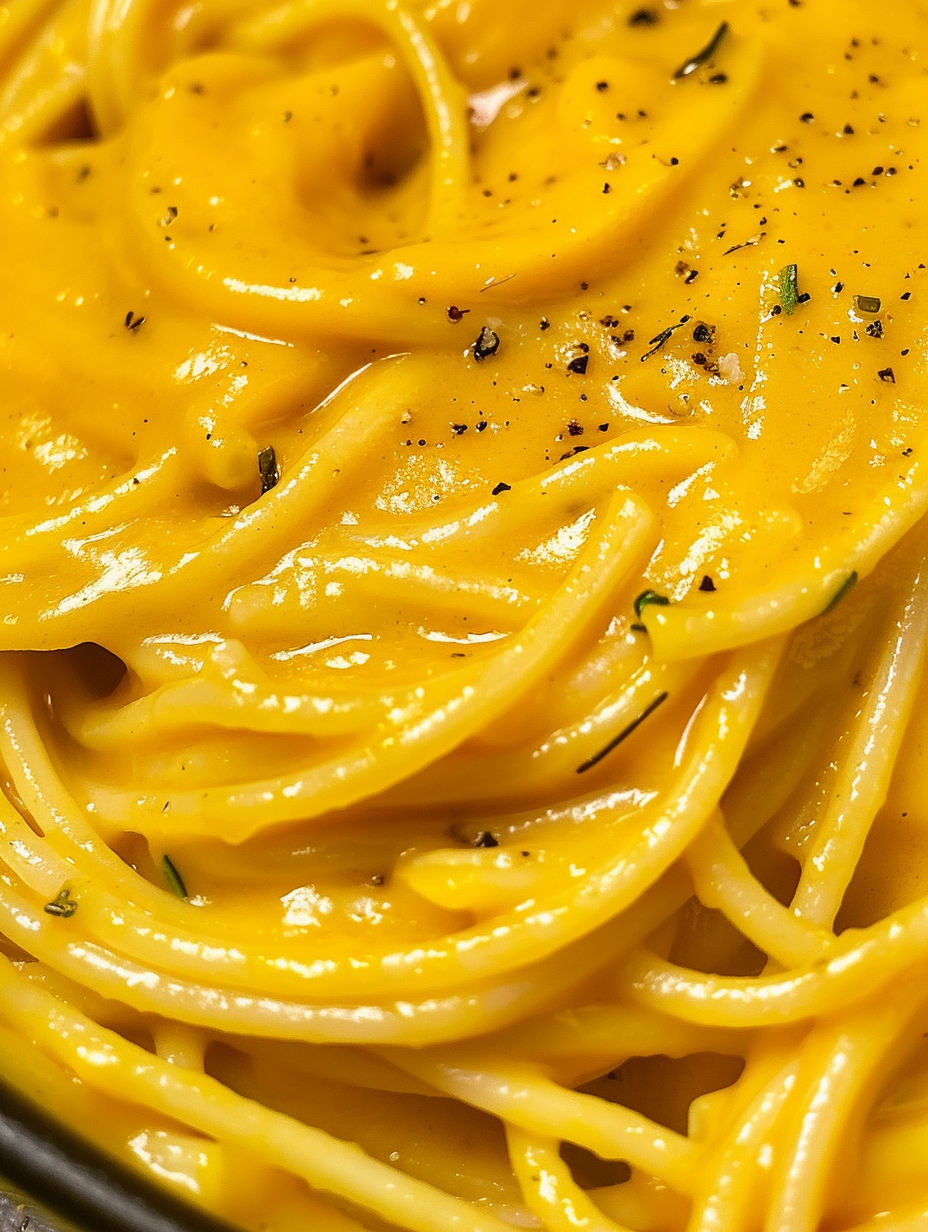 A close up of a bowl of pasta with a yellow sauce.
