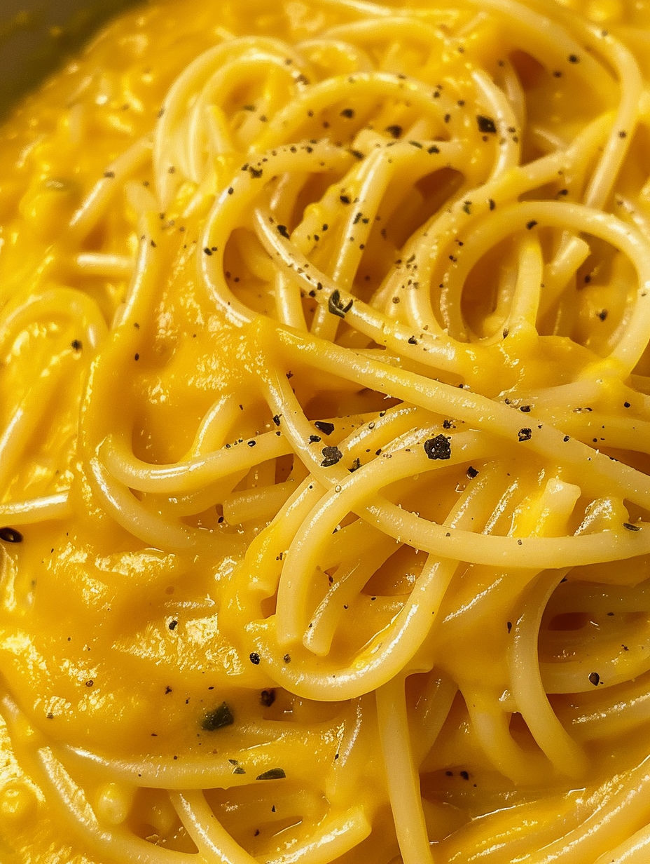 A close up of a bowl of pasta with a yellow sauce.
