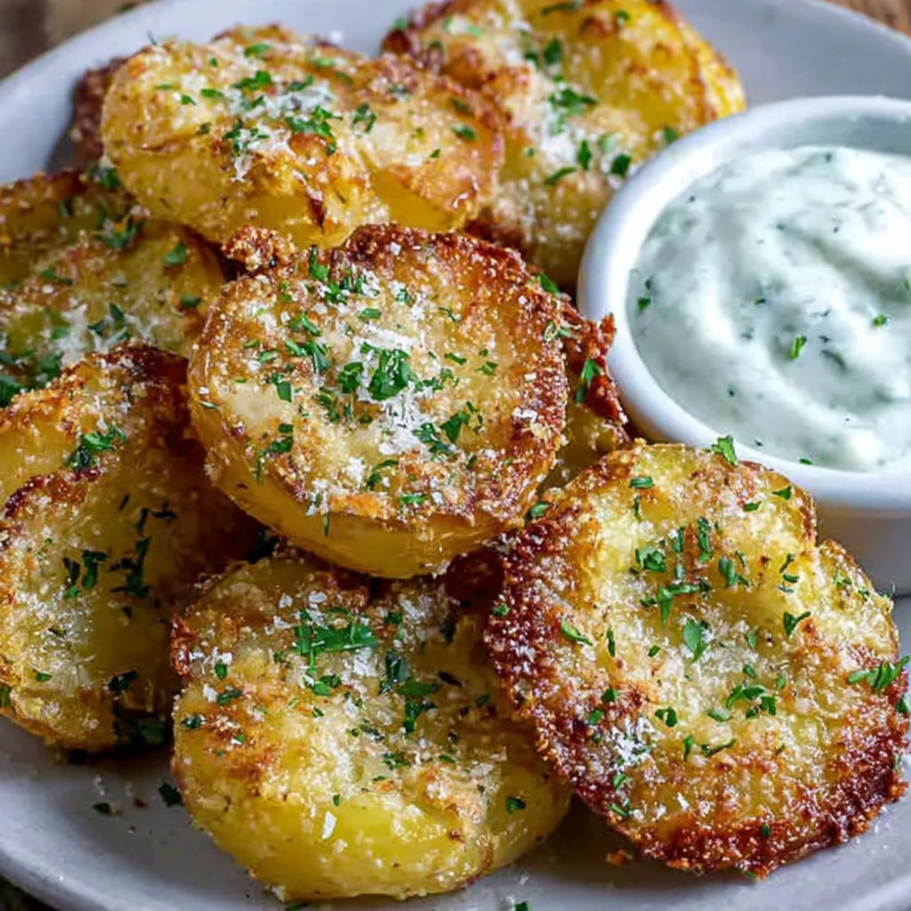 A plate of Parmesan smashed potatoes.