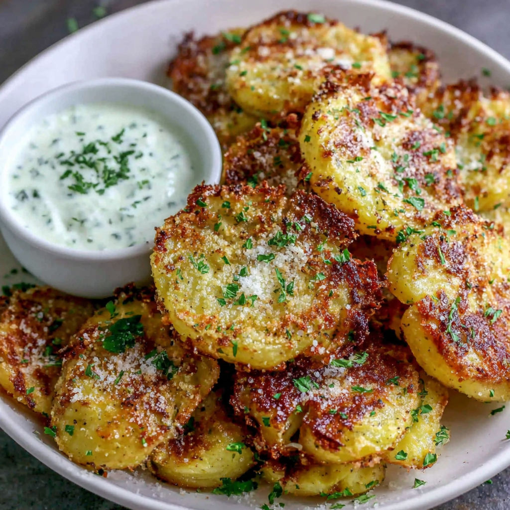 A white bowl filled with Parmesan smashed potatoes.