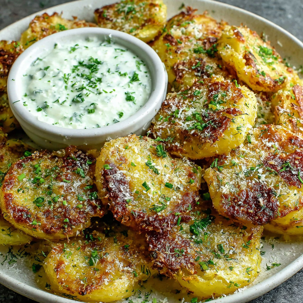 A plate of Parmesan smashed potatoes.