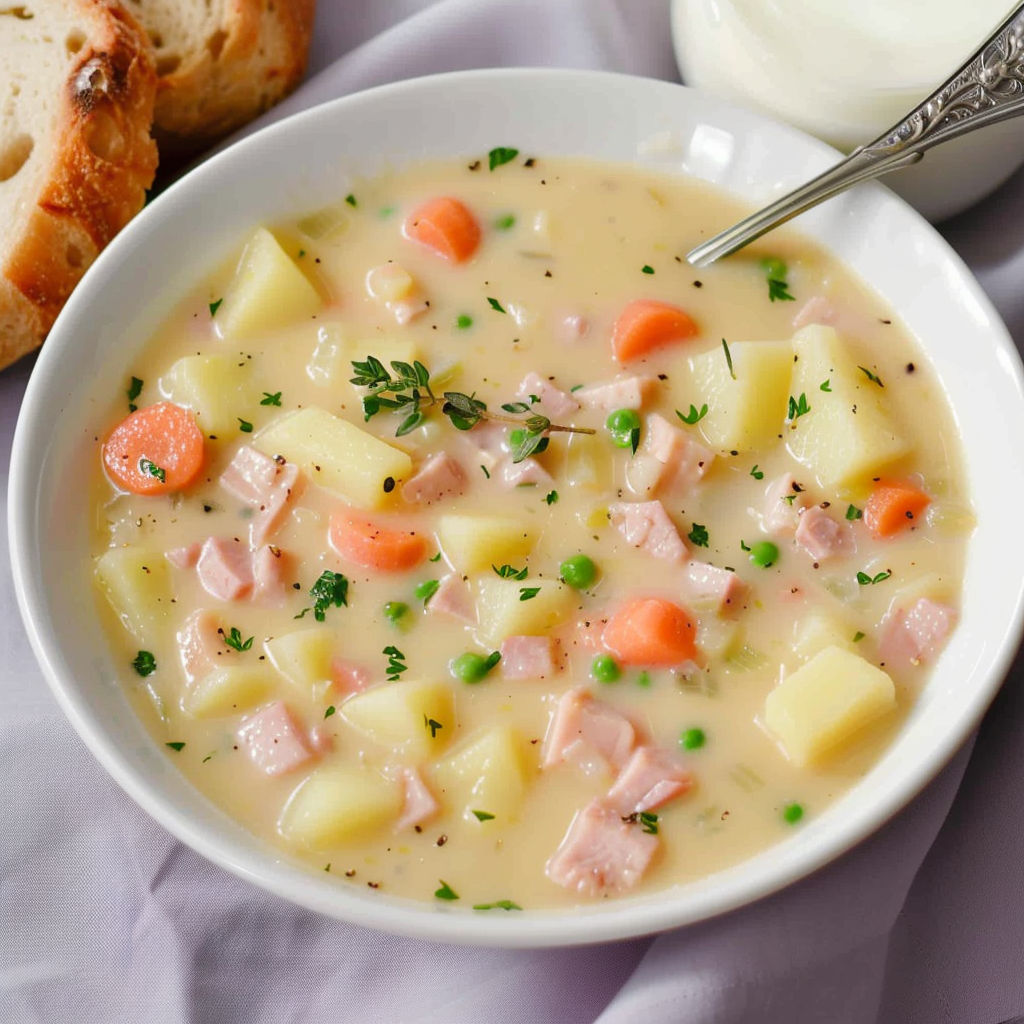 A bowl of soup with ham and potatoes.
