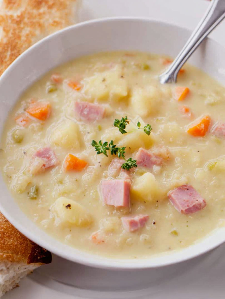 A bowl of soup with ham and potatoes.