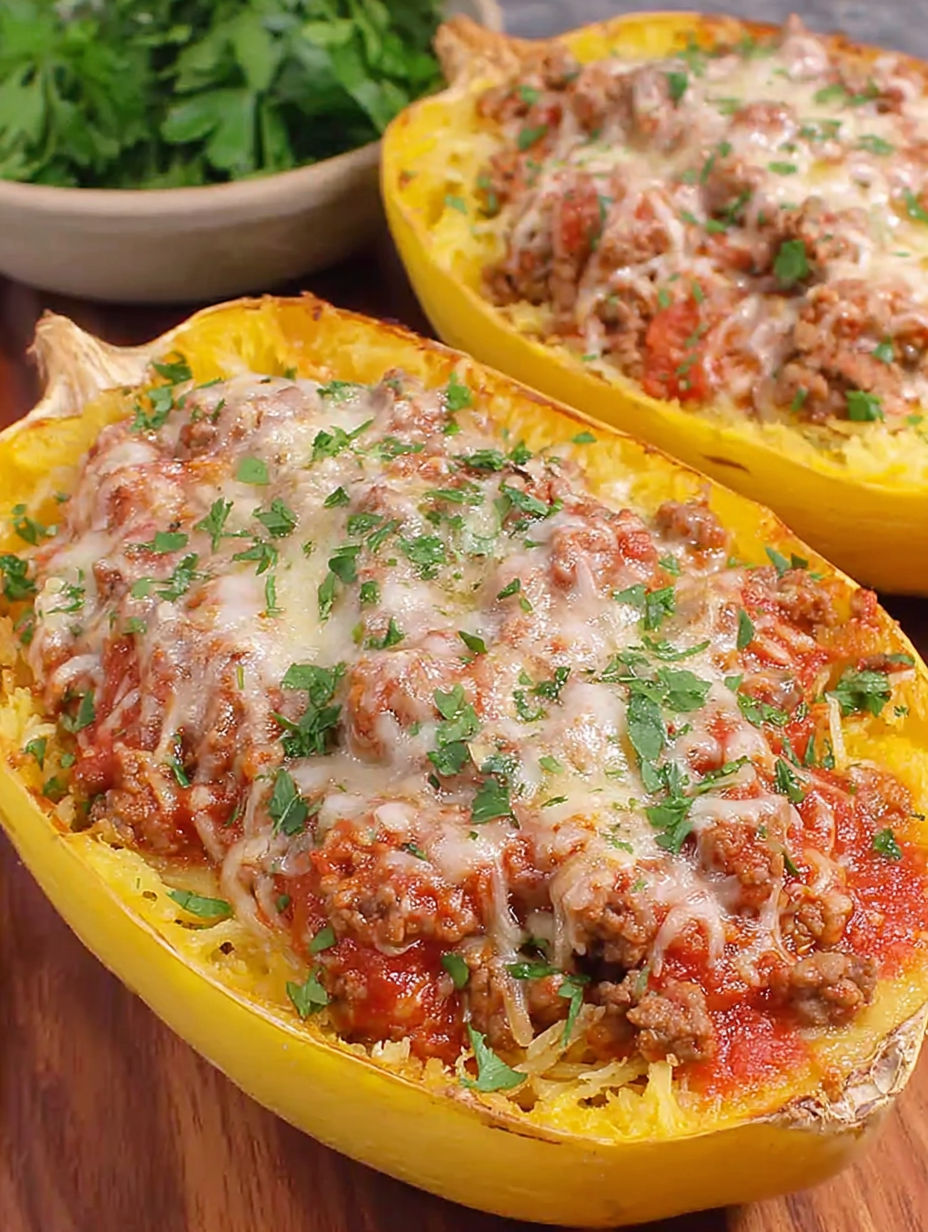 A close up of a baked spaghetti squash with meat sauce.