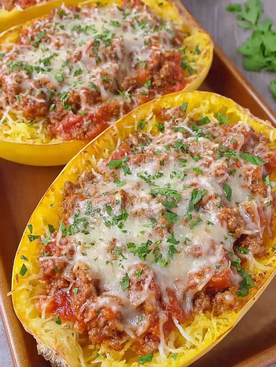 A close up of a baked spaghetti squash with meat sauce.