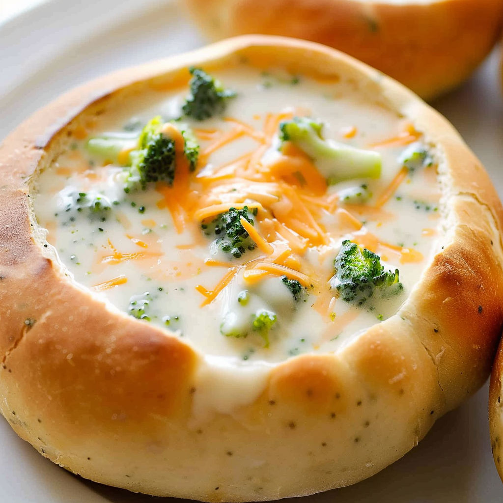 A baked broccoli cheddar soup in a bowl.