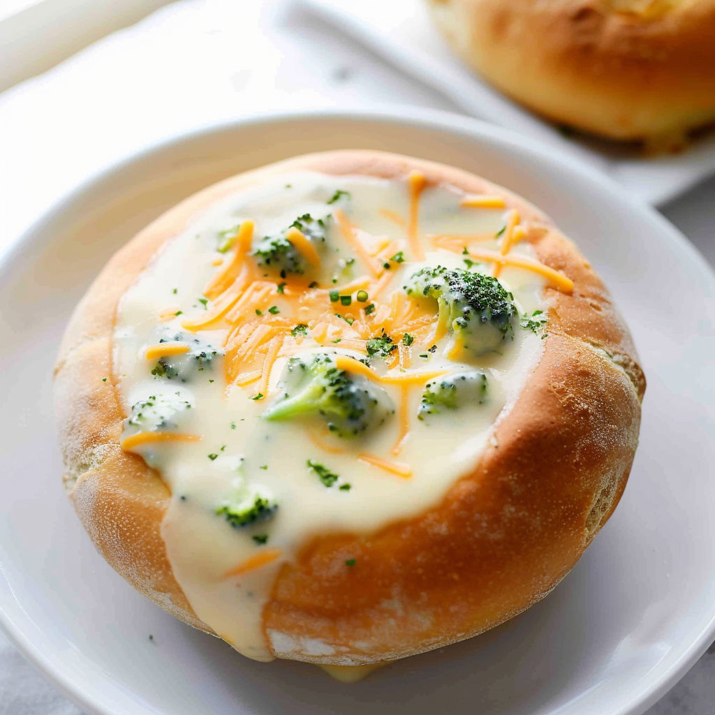 A bowl of soup with broccoli and cheese.