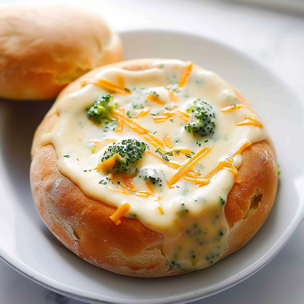 A plate with a bowl of soup and a roll.