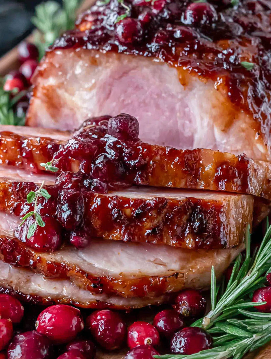 A glazed ham with cranberries and a dijon sauce.