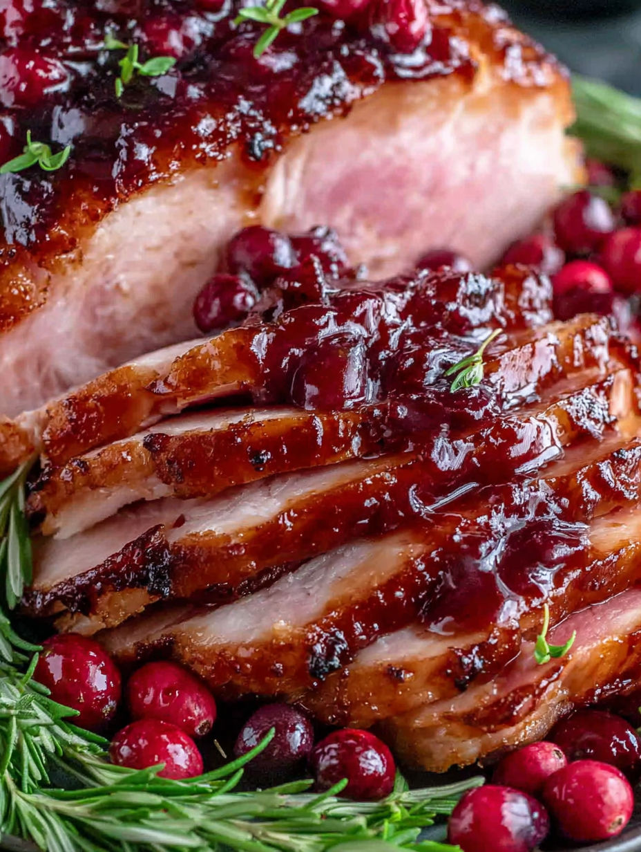 A glazed ham with cranberries and a dijon sauce.