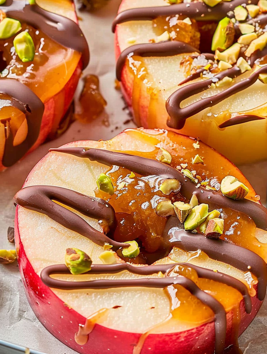 Caramel apple slices with chocolate drizzle.