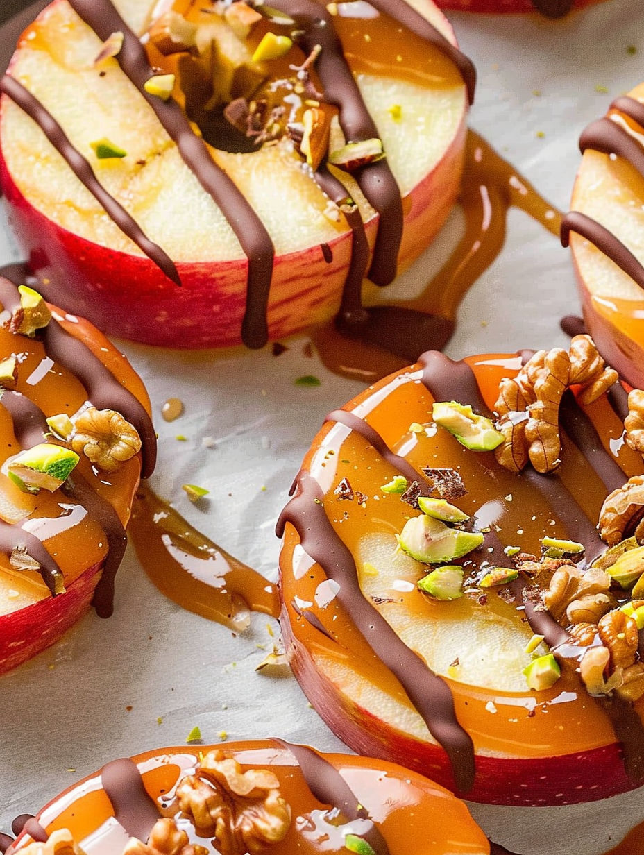 Caramel apple slices with chocolate drizzle.
