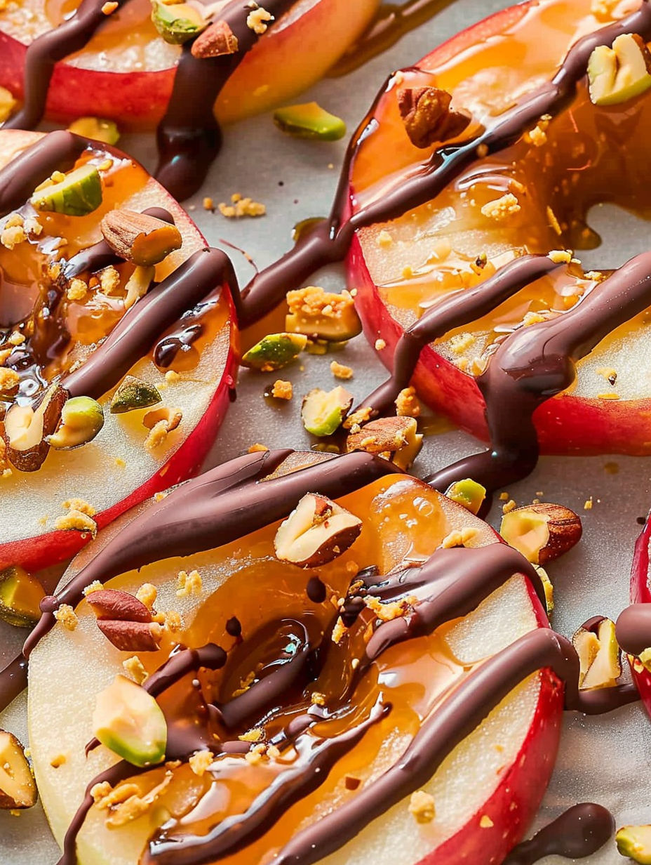 Caramel apple slices with chocolate drizzle.