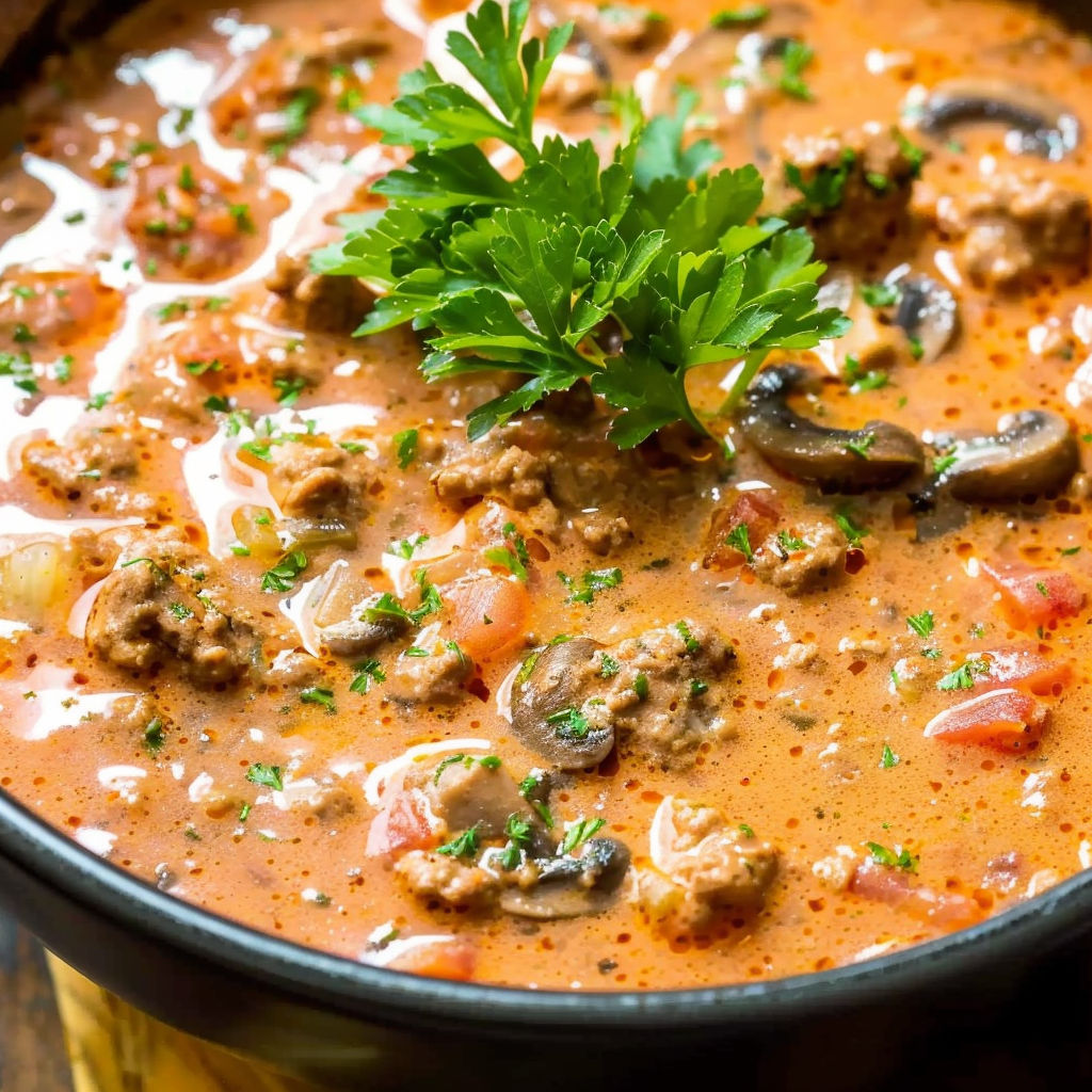 A bowl of Friss-dich-dumm-Suppe with mushrooms and herbs.