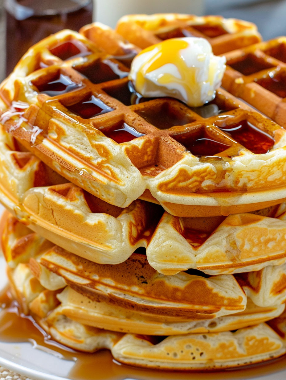 A stack of waffles with syrup on top.