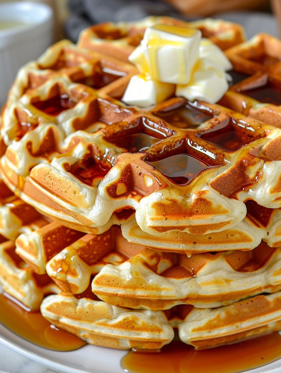 A stack of waffles with syrup on top.