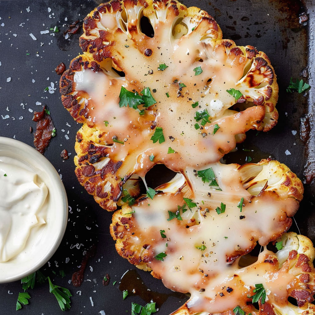 A marinated cauliflower steak with cheese.